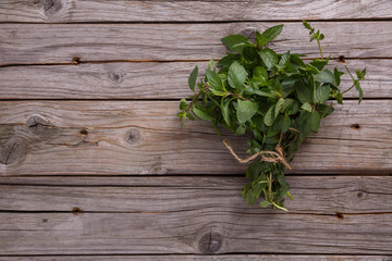 Fresh mint bunch on wooden bakcgraund. Top view with copy space