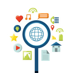 magnifying glass and social media related icons over white background colorful design vector illustration