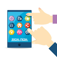 hands and smartphone with social media related icons over background colorful design vector illustration