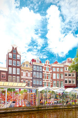 Fototapeta premium Flower market in Amsterdam (Bloemenmarkt), wide angle