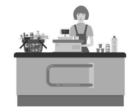 Web banner of a supermarket cashier. The young woman is standing near the cash register. There is also a shopping cart with products in the picture. Vector illustration in gray tones.