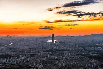 landscape of Seoul city skyline at night in Korea.