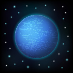 Cartoon blue planet on cosmic background with stars