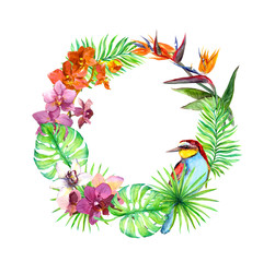 Tropical leaves, exotic bird, orchid flowers. Floral wreath. Watercolor