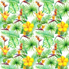 Tuinposter Tropical leaves, exotic flowers. Seamless jungle pattern. Water color © zzorik