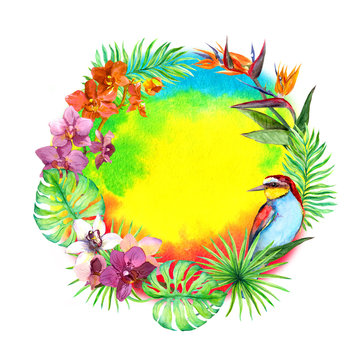 Tropical leaves, exotic birds, orchid flowers. Wreath border summer card. Watercolor