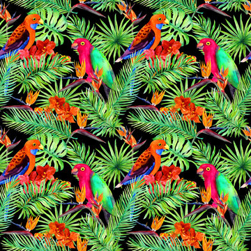 Tropical leaves, parrot birds, exotic flowers. Seamless jungle pattern on black background. Watercolor