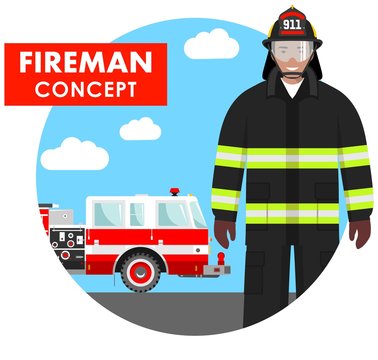 Fireman concept. Detailed illustration of firefighter in uniform on background with fire truck in flat style. Vector illustration.