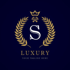 Luxury calligraphic letter S crown and key monogram logo. Laurel elegant beautiful round identity with crown and key. Vector letter emblem S for Royalty, Restaurant, Boutique, Hotel, Heraldic, Jewelry