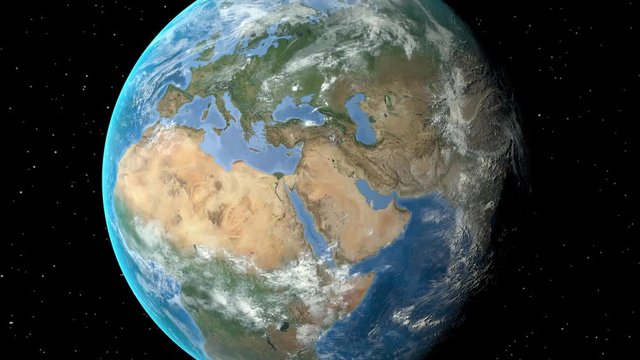 Night to day - rotating Earth. Zoom in on Macedonia outlined