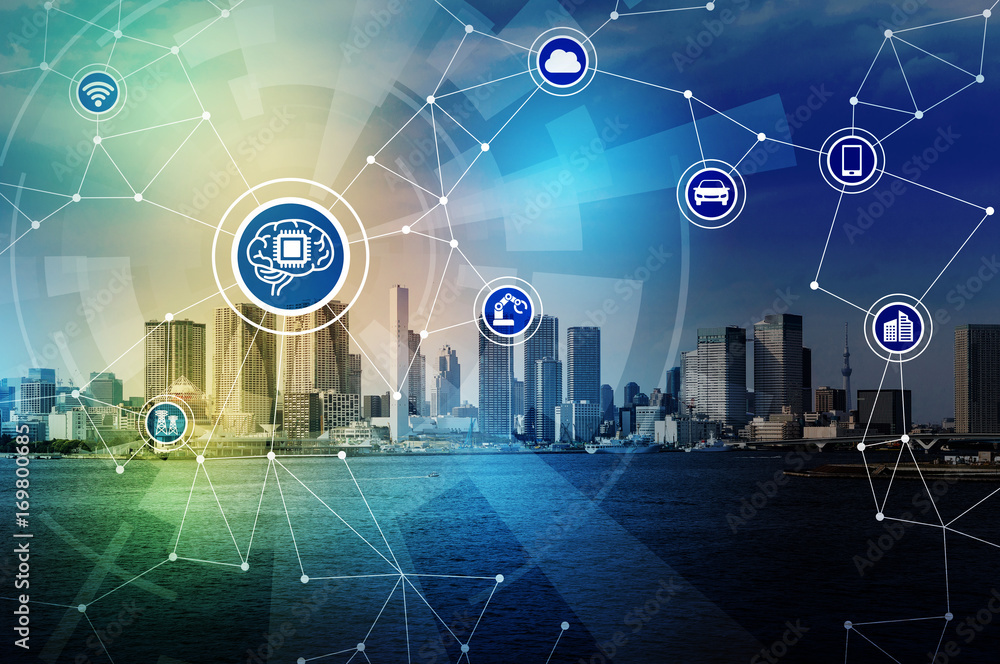 Poster ai (artificial intelligence) and communication network concept. internet of things. abstract mixed m