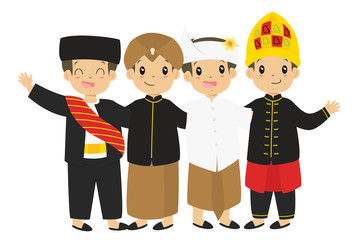indonesian children, boys wearing traditional dress cartoon vector