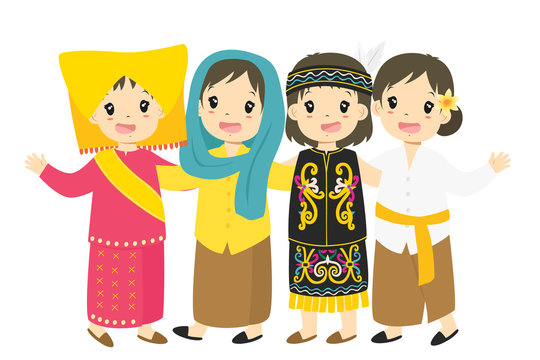 indonesian children, girls wearing traditional dress cartoon vector