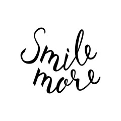 Smile more. Inspirational quote about happy. Modern calligraphy phrase with hand drawn smile. Lettering in boho style for print and posters. Hippie quotes collection. Typography poster design.