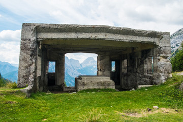 Bunker from first world war on the top of a highest mountain pass Vrsic in Slovenia