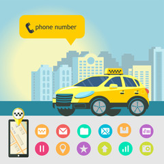 Mobile app taxi.  Taxi service. Set of icons for mobile app. Taxi in a big city.