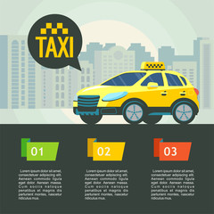 Vector illustration of a taxi service. Taxi service. Yellow taxi car in the background high rise buildings.