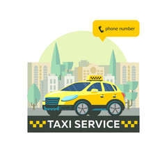 Vector logo of the taxi service. Taxi service. Yellow taxi car in the background high rise buildings.