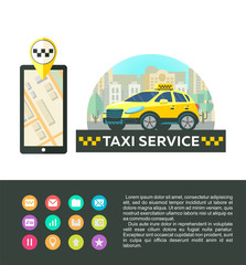Vector logo, logo taxi service. Mobile app taxi. Taxi service. Set of icons for mobile app.
