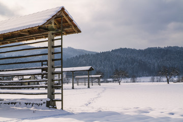 Traditional slovenian hayracks in winter.