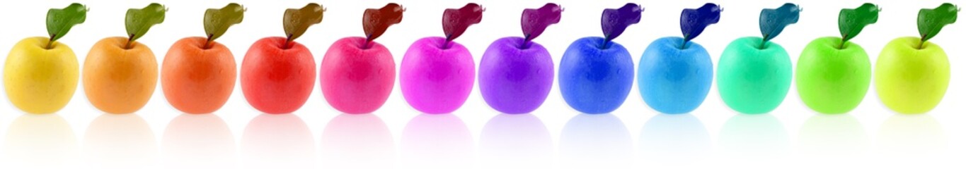  pommes couleurs sur fond blanc avec reflets © Unclesam