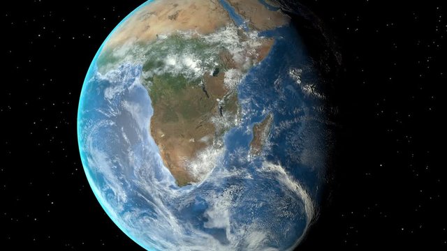Night to day - rotating Earth. Zoom in on Namibia outlined