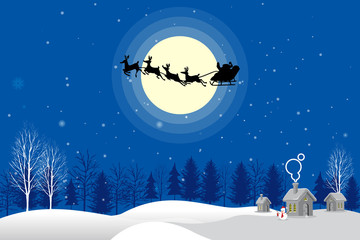 Santa Claus sleigh with reindeer fly over the city background of the moonlight. Beautiful moonlight background with Santa Into the Winter Christmas Night. All in a single layer. Vector illustration.