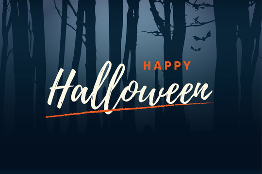 Happy Halloween handwriting text logo with night forest background. Editable vector design.