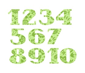 Numbers, green flowers and berries, vector. Figures with serifs. Green twigs with berries and flowers on light green background. 