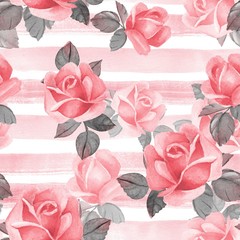 Floral seamless pattern. Watercolor background with red roses