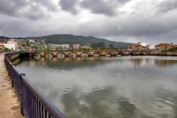 Famous Roman bridge Pontevedra, Spain over river Lerez.