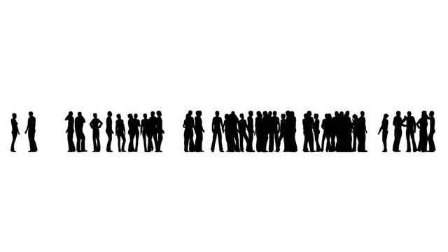 Silhouette of people standing and waiting and talking on white