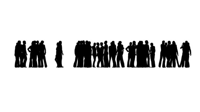 Silhouette of people standing and waiting and talking on white
