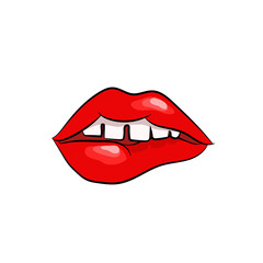 Girls open mouth with red lips biting. Womans teeth. Pop art vector illustration.