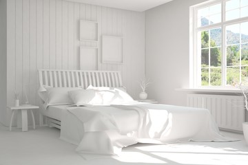 White modern bedroom with green landscape in window. Scandinavian interior design. 3D illustration