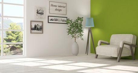 White room with armchair and green landscape in window. Scandinavian interior design. 3D illustration