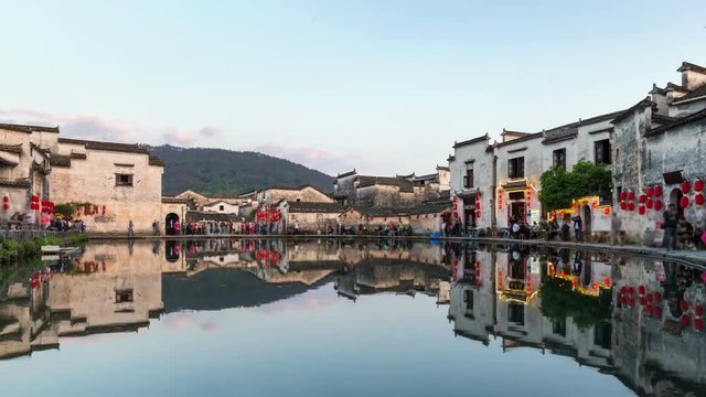 time lapse of chinese ancient villages dusk to night, hongcun, southern anhui province