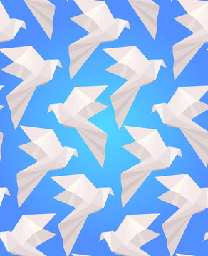 Seamless texture with white origami  doves  on a blue background. Vector background for your creativity