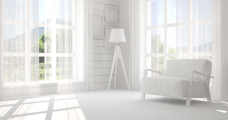 Fototapeta na wymiar Idea of white room with armchair. Scandinavian interior design. 3D illustration