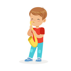 Cute little boy playing trumpet, young musician with toy musical instrument, musical education for kids cartoon vector Illustration
