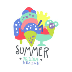 Summer logo template original design, colorful hand drawn vector Illustration