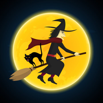 Halloween witch flying on broom growl black cat