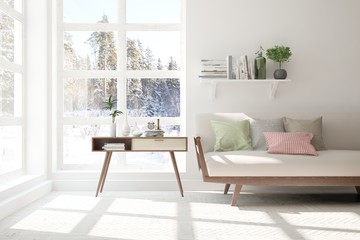 White minimalist room with sofa. Scandinavian interior design. 3D illustration