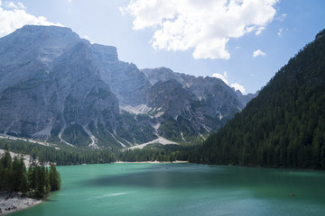 Fototapeta na wymiar Braies Lake (Lago Di Braies, Pragser Wildsee), Dolomites, Italy. 
