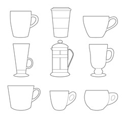 Set of simple colorful coffee cups and french press line art  icons on white background - 169809649