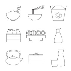 Set of simple line art asian food and equipment  icons with long shadows on white background. Wok flat