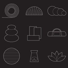 Set of simple yoga equipment line art  icons on black background - 169809848