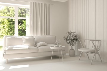 Fototapeta premium Idea of white room with sofa and summer landscape in window. Scandinavian interior design. 3D illustration