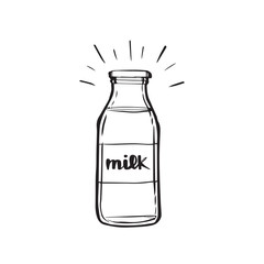 Hand drawn doodle style, milk glass and label. vector illustration isolated on white background.