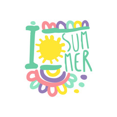 I love Summer logo template original design, colorful hand drawn vector Illustration